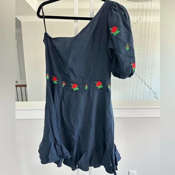 Fanm Mon 100% Linen Blue One-Shoulder Dress with Floral Embroidery